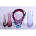 FOUR VINTAGE ART GLASS VASES. Largest 27 cm x 14 cm. (4)