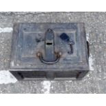 A antique heavy metal strongbox/safe with working lock 30 x 46 x 31 cm.