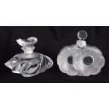 TWO FRENCH LALIQUE GLASS SCENT BOTTLES. 9 cm x 9 cm. (2)