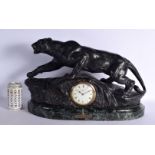 A LARGE ART DECO FRENCH PATINATED METAL AND MARBLE MANTEL CLOCK Lionne Aux Aguets by Boffil. 54 cm w