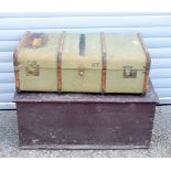 AN ANTIQUE TOOL BOX and a green travelling trunk. Largest 102 cm x 44 cm x 45 cm. (2)