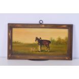 A small 19th Century oil on board of a hunting scene signed Daniel 14 x 29 cm