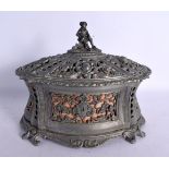 AN ANTIQUE GERMAN PEWTER CASKET AND COVER with figural terminal. 22 cm x 20 cm.