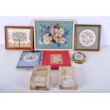 A collection of samplers, wool work and needle work pictures, together with two Perspex encased silk