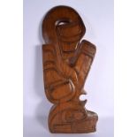 A LARGE VINTAGE NORTH WEST HAIDA TRIBAL CARVED WOOD PANEL Kitten Whale. 53 cm x 24 cm.