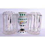 A LOVELY PAIR OF ANTIQUE CRYSTAL GLASS TABLE LUSTRES together with a Bohemian vase. Largest 22 cm hi