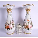 A PAIR OF FRENCH 19TH CENTURY OPALINE PAINTED VASES decorated with ribbon and native elaborate flora
