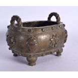 A CHINESE TWIN HANDLED BRONZE CENSER 20th Century. 14 cm wide, internal width 10 cm.