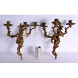 A PAIR OF VINTAGE BRONZE AND CUT GLASS TRIPLE BRANCH WALL SCONCES. 38 cm x 24 cm.