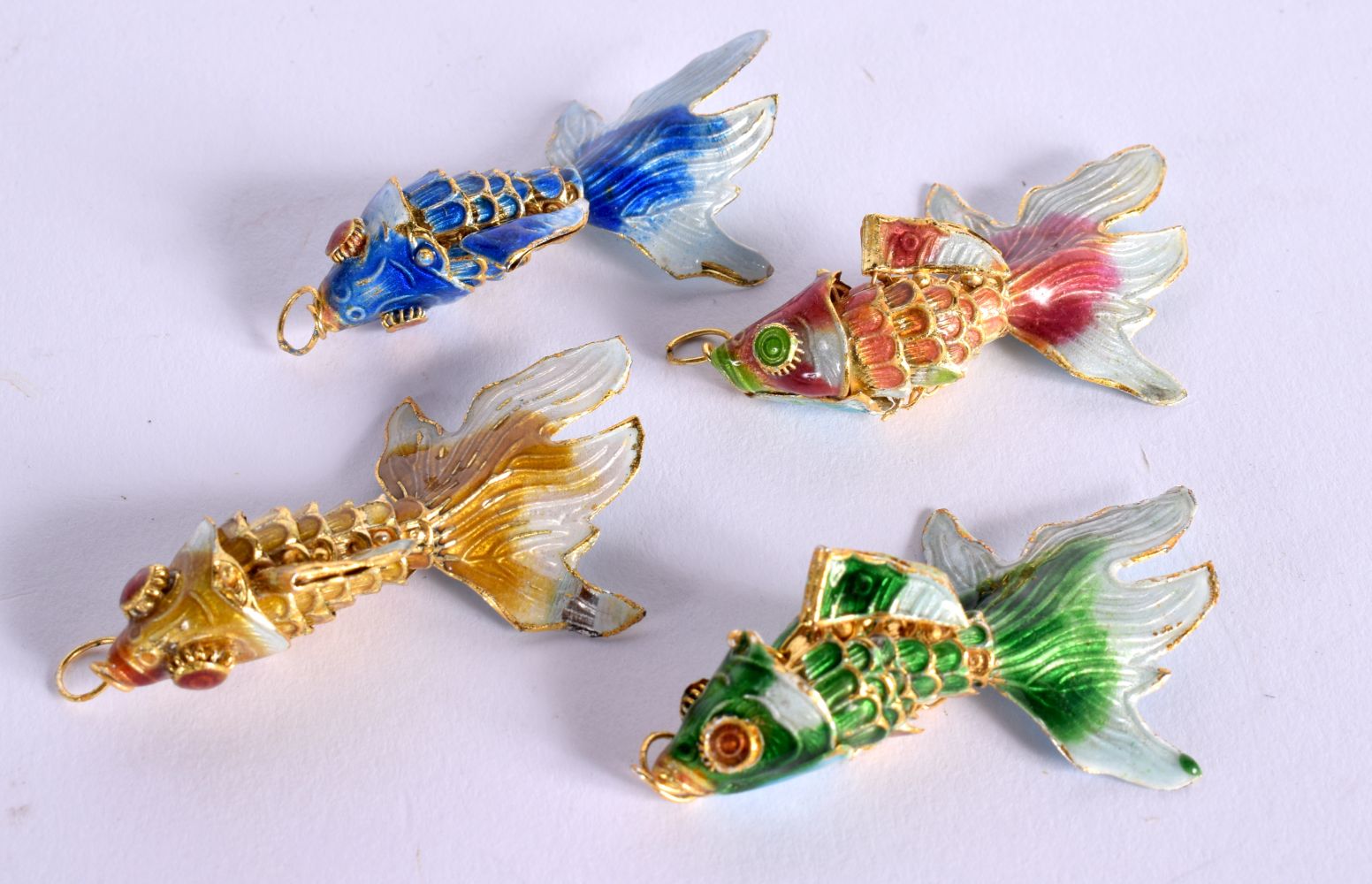 FOUR CHINESE CLOISONNE ENAMEL FISH 20th Century. (4)