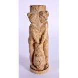 A RARE 17TH/18TH CENTURY EUROPEAN CARVED BONE COLUMN modelled with two nude figures. 12 cm high.