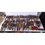 A quantity of Vintage wooden and plastic handled chisels and wood working tools. (Qty).