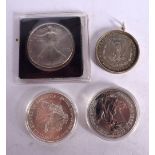 THREE SILVER DOLLARS AND A BRITISH 2 POUND COIN. Weight 145g