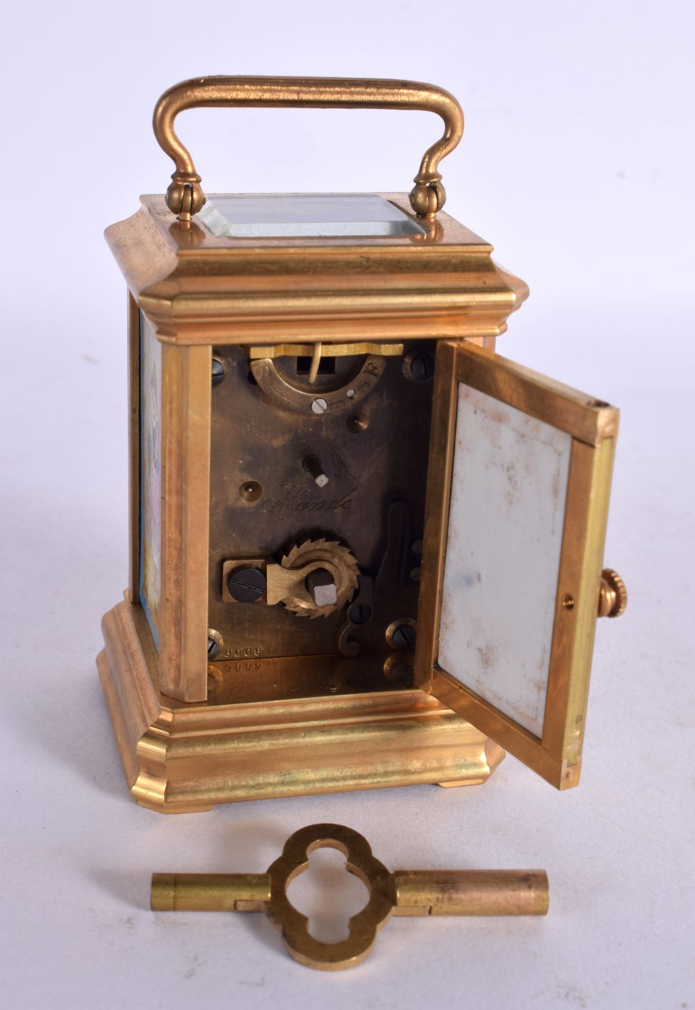 A MINIATURE CONTEMPORARY SEVRES STYLE CARRIAGE CLOCK. 9 cm high inc handle. - Image 5 of 6