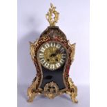 AN ANTIQUE BOULLE TORTOISESHELL MANTEL CLOCK decorated with foliage. 48 cm x 22 cm.