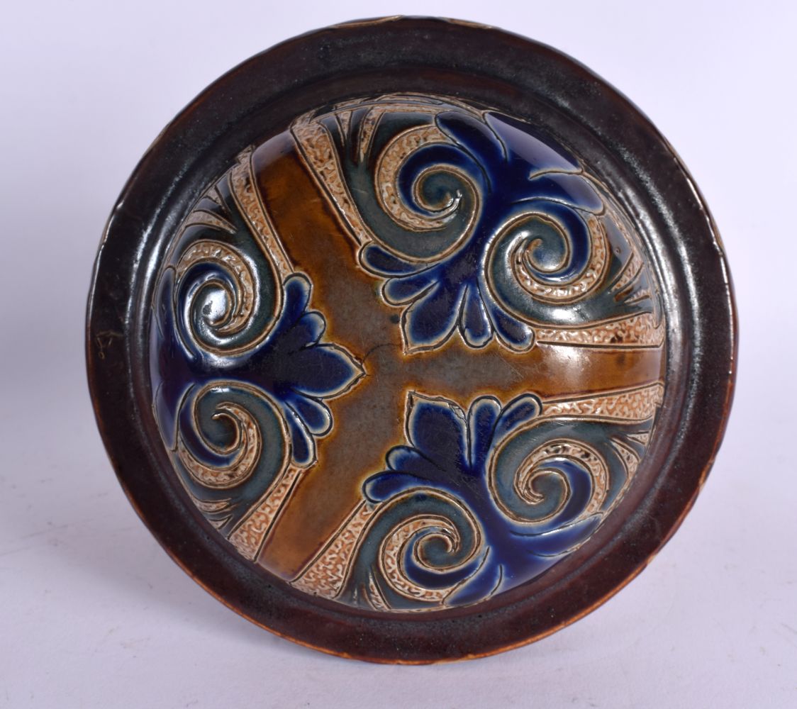 A LARGE 19TH CENTURY DOULTON STONEWARE OIL LAMP decorated with foliage. 41 cm x 15 cm. - Image 7 of 7
