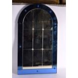 A 1950S BLUE AND CLEAR GLASS MIRROR. 74 cm x 40 cm.