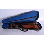 A CASED SINGLE PIECE BACK VIOLIN with bow, bearing label to interior. Violin 59 cm long, length of b