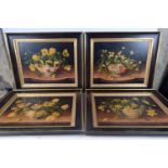 A set of 4 framed oleographs on canvas of flowers in oriental vases by Galley 1994