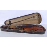 A cased French Mirecourt violin with an '1894' label and two bows. Violin 59cm.