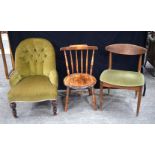 An antique upholstered salon chair, a G plan chair and a antique child's stool chair largest 79 x 76