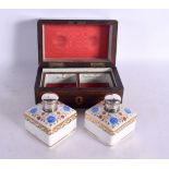 A CHARMING ANTIQUE FRENCH TWIN PORCELAIN SCENT BOTTLE BOX. 15 cm x 8 cm.