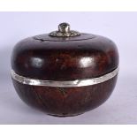 AN 18TH/19TH CENTURY CONTINENTAL CARVED WOOD SILVER MOUNTED BOX AND COVER with agate finial. 13 cm d