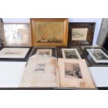 A group of framed antique etchings and a framed Oleograph largest 28 x 38 cm (9)