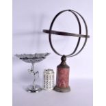 AN UNUSUAL VINTAGE OPEN WORK SPHERICAL GLOBE FORM STAND upon a fossilised marble style base, togethe