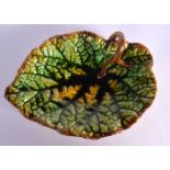 AN ANTIQUE MAJOLICA LEAF DISH of naturalistic form. 22 cm x 16 cm.