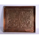 A LARGE EARLY 20TH CENTURY KESWICK SCHOOL OF INDUSTRIAL ARTS COPPER TRAY decorated with birds and fo