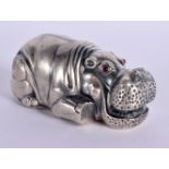 A CONTINENTAL SILVER MODEL OF A HIPPO WITH AN OPEN MOUTH WITH GEM SET EYES. Stamped 88, 3.6cm x 7.9