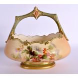 Royal Worcester oval basket shape 1954 painted with wild flowers on a blush ivory ground date mark 1