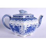A RARE ANTQUE COPELAND BLUE AND WHITE LANG SYNE TEAPOT AND COVER. 22 cm wide.