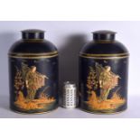 A PAIR OF CONTEMPORARY TOLE WAR COUNTRY HOUSE TINS AND COVERS. 38 cm x 18 cm.