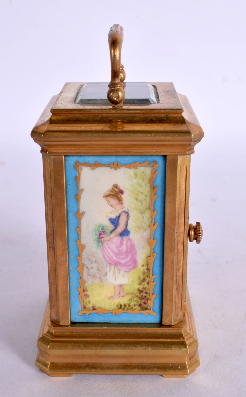 A MINIATURE CONTEMPORARY SEVRES STYLE CARRIAGE CLOCK. 9 cm high inc handle. - Image 3 of 6