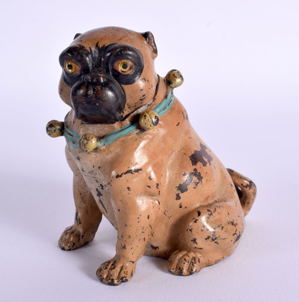 A COLD PAINTER BRONZE INKWELL IN THE FORM OF A PUG DOG. 9.5cm x 6cm