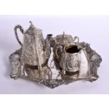 AN ANTIQUE CONTINENTAL SILVER TEA SET ON TRAY. 2400 grams. Largest 33 cm x 28 cm. (4)
