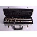 A VINTAGE AMERICAN COIN SILVER FLUTE. Box 39 cm wide.