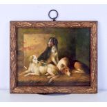 A small framed 19th Century oil on board of hounds 19 x 23 cm