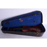 A CASED TWO PIECE BACK VIOLIN with bow. 54 cm long, length of back 34 cm long.
