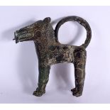 A RARE 19TH CENTURY AFRICAN TRIBAL BRONZE BENIN SPOTTED LEOPARD modelled with a loop handle. 13 cm x