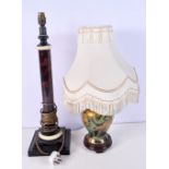 A Chinese hand painted lamp together with a Column tortoise shell effect lamp stand 58 cm (2)