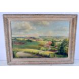 P M Burton, a framed oil on canvas of a countryside scene 49 x 75 cm.