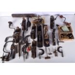 A collection of Vintage planes, gauges and hand drills, etc. (Qty).