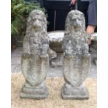 A CHARMING PAIR OF COUNTRY HOUSE CARVED GARDEN STONE LIONS modelled holding a shield. 82 cm x 26 cm.