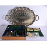 A LARGE ANTIQUE SILVER PLATED TRAY together with assorted flatware, including knives with plastic ha
