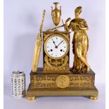 A LARGE EARLY 19TH CENTURY FRENCH BRONZE EMPIRE MANTEL CLOCK formed as a figure leaning upon an acan