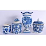 A RARE 19TH CENTURY WEDGWOOD BLUE AND WHITE MUSTARD POT together with a Pearlware vase, a tea canist