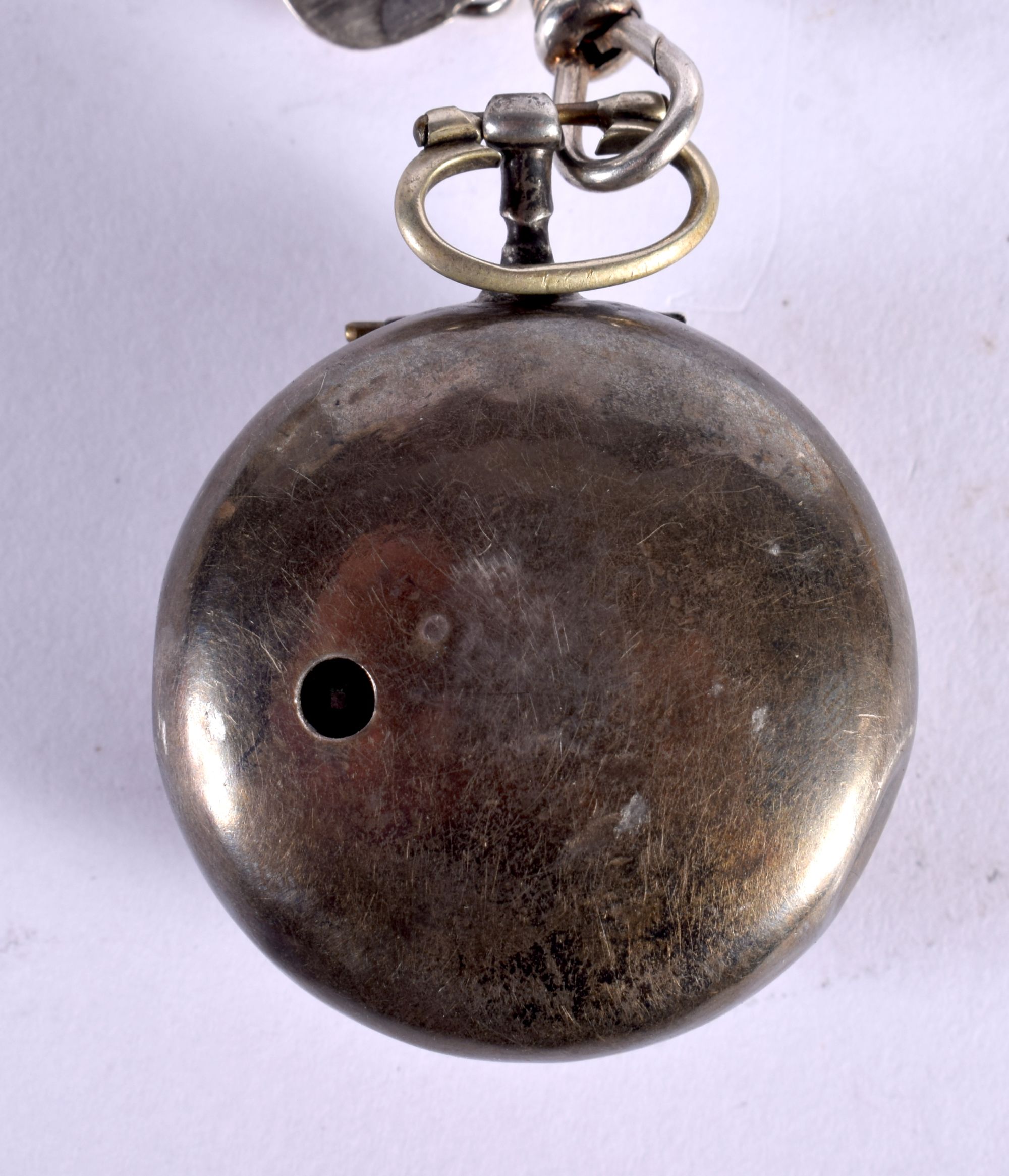 AN EARLY 19TH CENTURY ENGLISH SILVER POCKET WATCH with chain. London 1827. 122 grams. 5 cm diameter. - Image 4 of 7